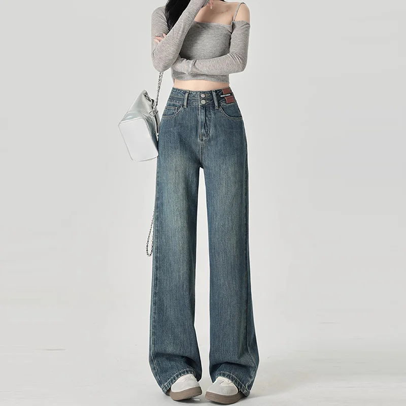 Schmal geschnittene Damenjeans mit weitem Bein, hoher Taille und hängendem Gefühl, gerades Bein, lässiger Look, schmale Hose in Kontrastfarben