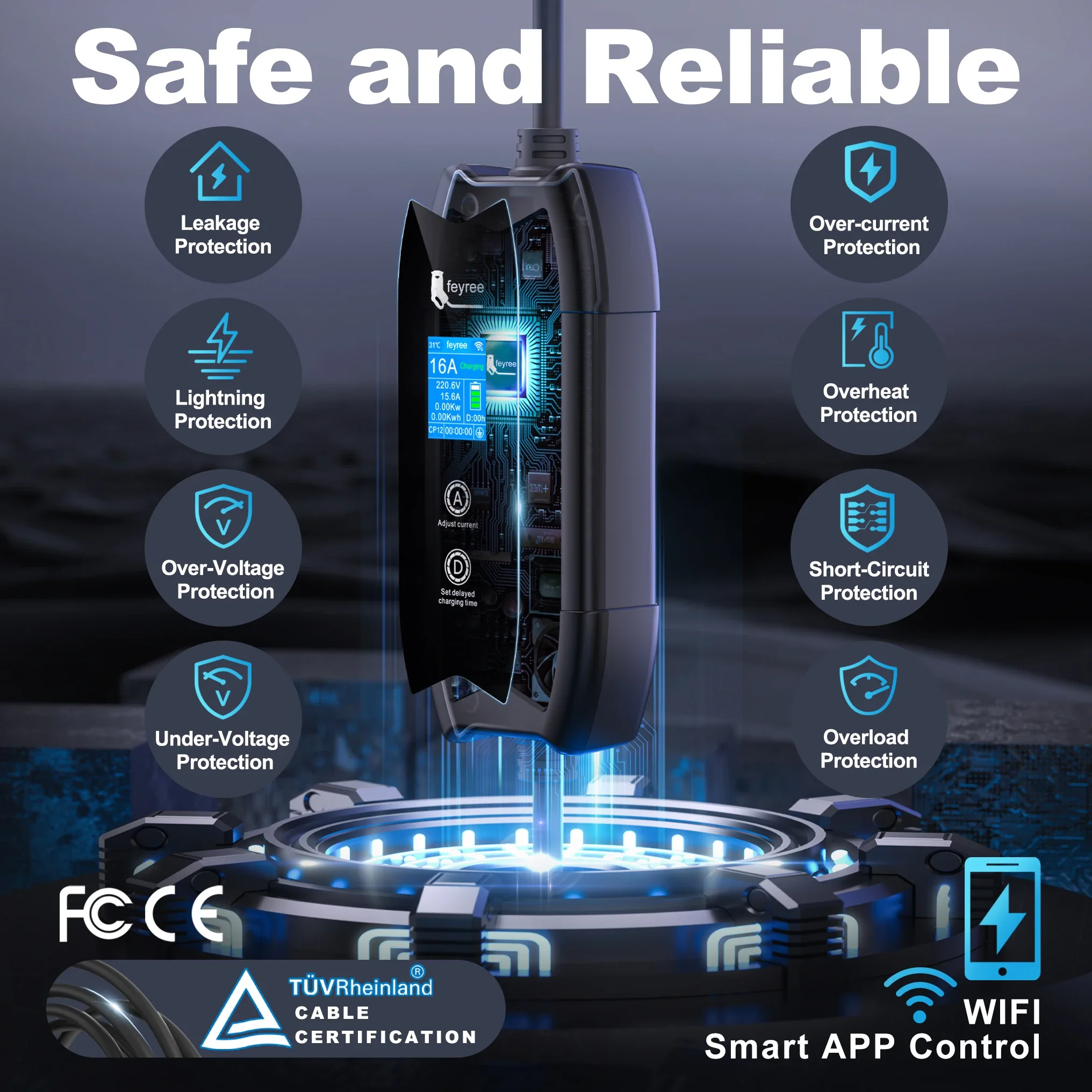 Feyree EV-Ladegerät Typ2 16A 3,5 kW 1 Phase WIFI APP-Steuerung 5 m Kabel Tragbares Ladebox-Set Lade- und DelayTime für EV-Autos
