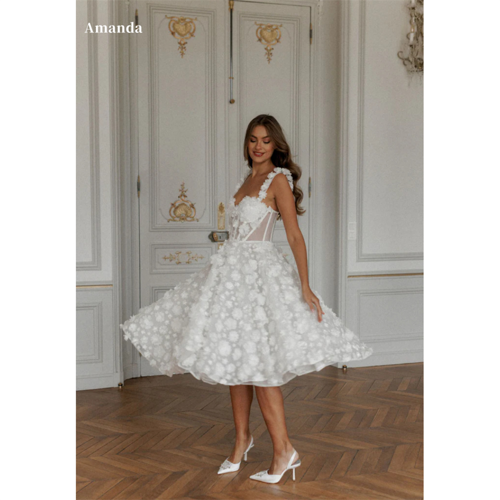 Amanda Lace สปาเก็ตตี้ A-Line robes de soirée V คอเข่า-ความยาวชุดราตรี Applique ชุดแต่งงานวันวาเลนไทน์