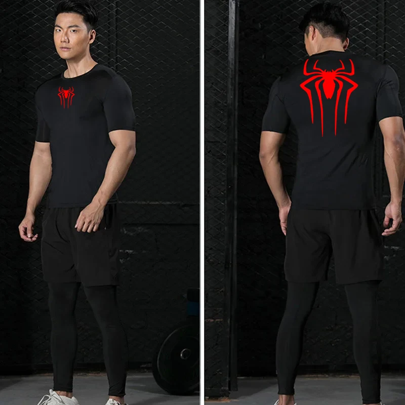 พิมพ์ผู้ชายกีฬาการบีบอัดเสื้อกีฬา Quick DRY Breathable Rash GUARD กีฬาออกกําลังกายแน่นเสื้อฤดูร้อนผู้ชาย
