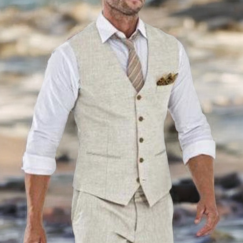 Colete de terno de linho bege para homens casamento verão praia colete de uma peça com decote em v custo de moda masculina