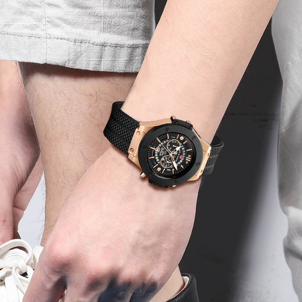 Czarny silikonowy męski ręcznie 46 mm wydrążony duży zegarek w kolorze różowego złota Modny styl wojskowy Oryginalny zegarek sportowy z mechanizmem kwarcowym