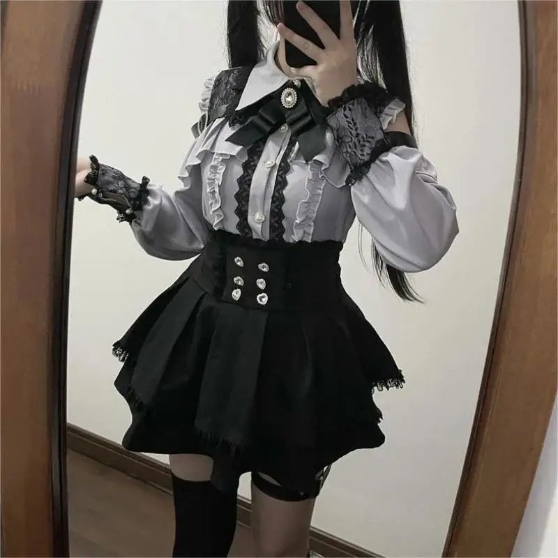 Kawaii Off Shoulder Long Sleeve Shirts Women Black Short Skirt Set Gothic Ruffle Skirts Lace Lolita Shirt Gown Suit ﻿﻿﻿﻿﻿