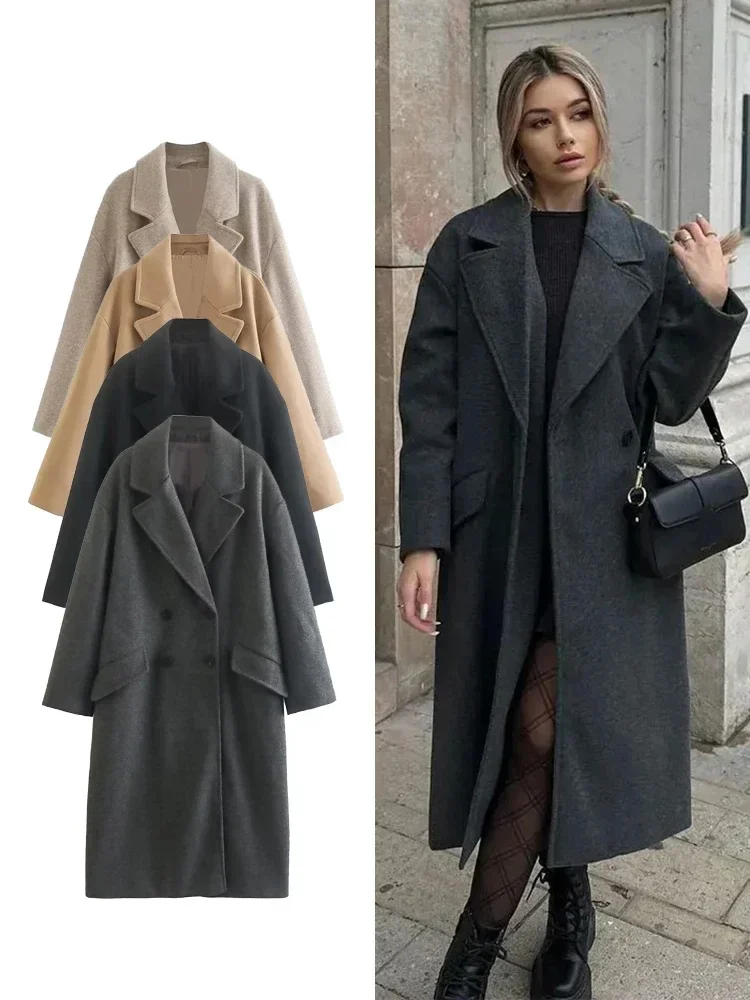 2024 Frauen neue zweireihige warme Trenchcoat Herbst und Winter Mode V-Ausschnitt Langarm Tasche Tweed Mantel Frauen langen Mantel