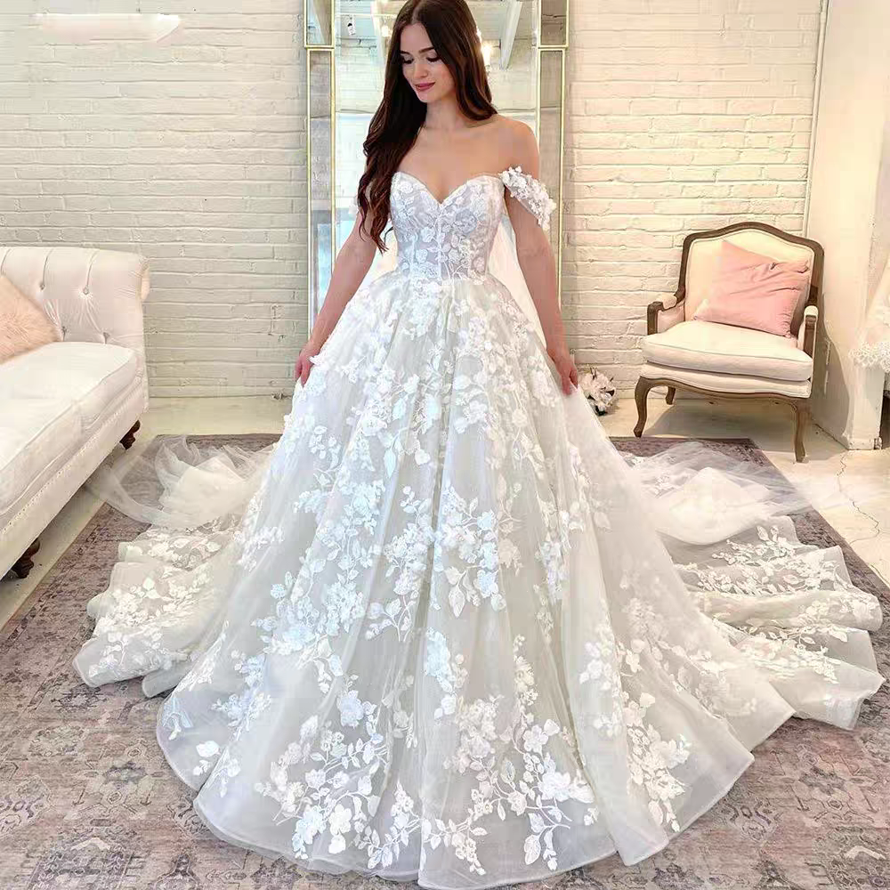 Maßgeschneidertes exquisites Ballkleid-Hochzeitskleid 2025, herzförmige Applikationen aus der Schulter, rückenfrei, für Bräute, Vestido De Novia