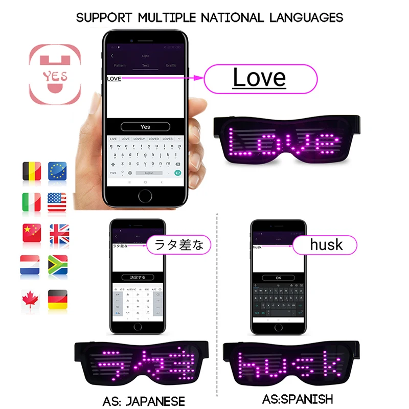 Multilingue LED Luminous Party Glasses, USB Charge, Piscando, Idiomas personalizados, Óculos, Feriado de Natal, Concert Sunglasses