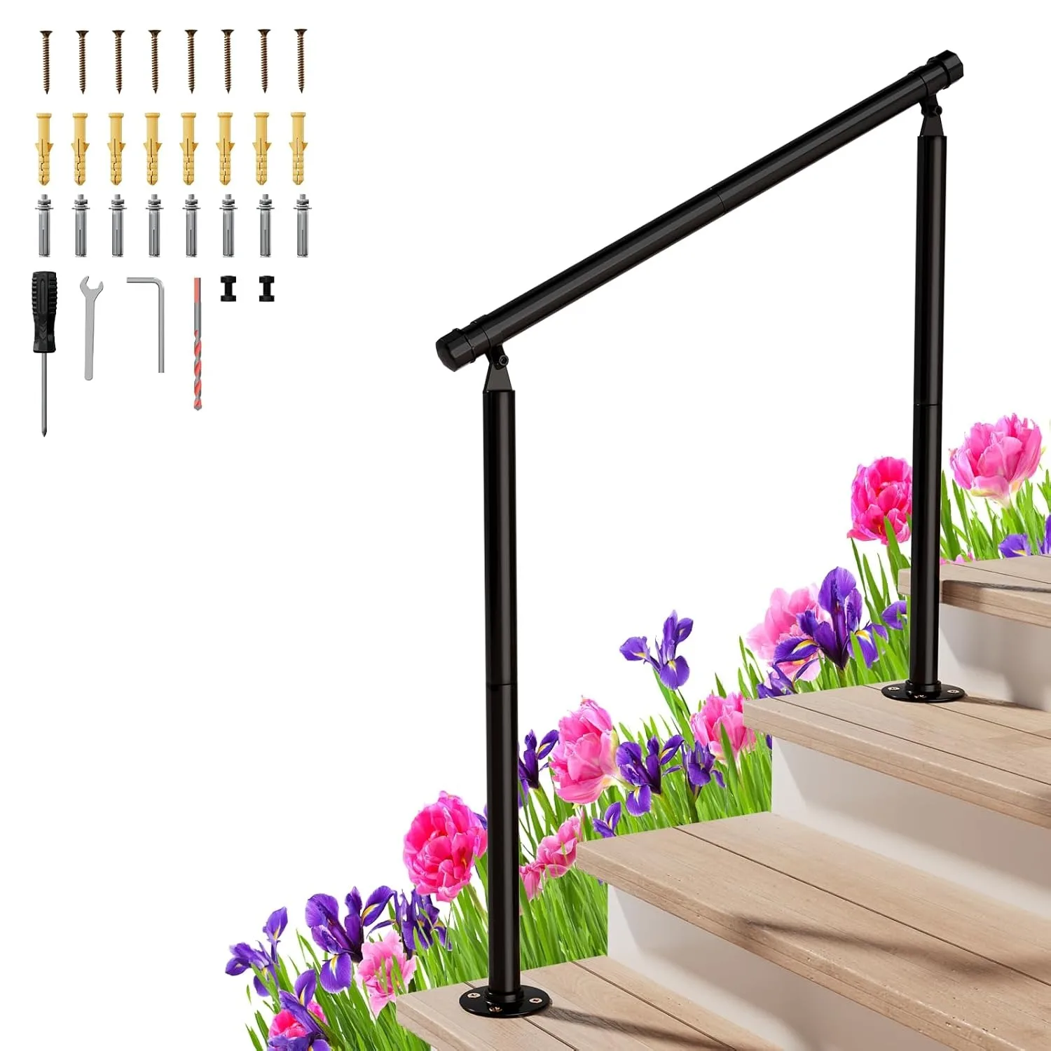 2-3 Step Heavy Duty Metal Handrail | Wrought Iron Porch Railing w/Installation Kit | Outdoor Deck & Concrete Steps Safety Rail