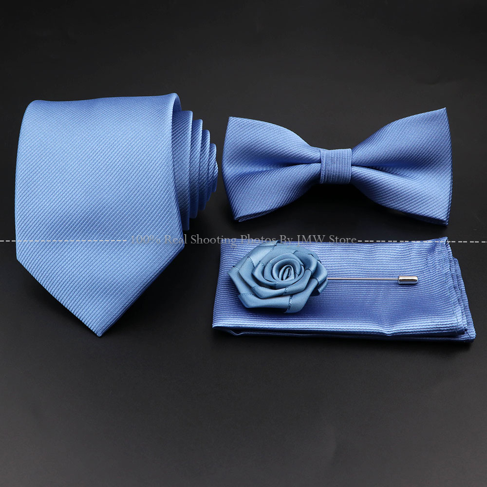 ขายร้อนสีแดงสีฟ้า Tie ชุดโพลีเอสเตอร์ Slim ลายเนคไท Bowtie Cufflink เข็มกลัดสําหรับเจ้าบ่าวชุดงานแต่งงาน Cravat เสื้ออุปกรณ์เสริม