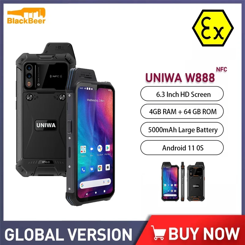 UNIWA W888 ATEX Explosion IP68 Walkie Talkie Smartphone Andriod 11 4GB 64GB Octa Core Mobile Phone 6.3" HD 5000mAh Cellphone NFC