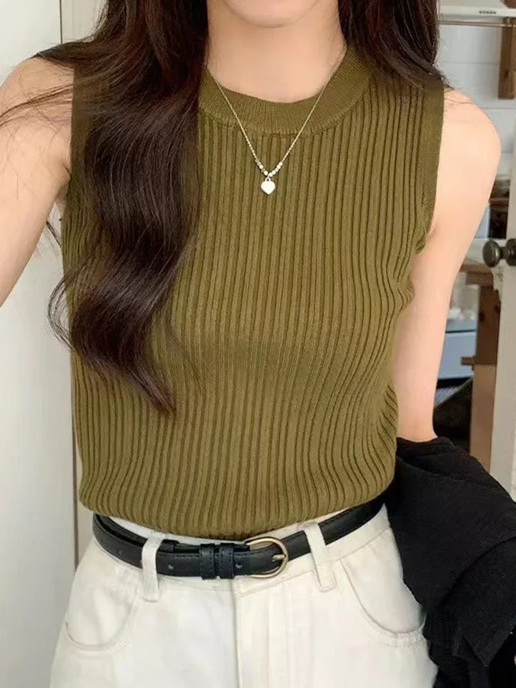 Blusa sem mangas camisa feminina o pescoço costela malha colete tanque simples colete topos verão feminino básico casual topos outfit