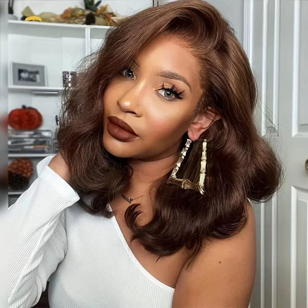 Chocolate Brown Body Wave Bob Perucas de cabelo humano 13x4 HD Lace Frontal Wigs 4 #   Onda de água colorida 100% do cabelo humano preplucked 16 polegadas