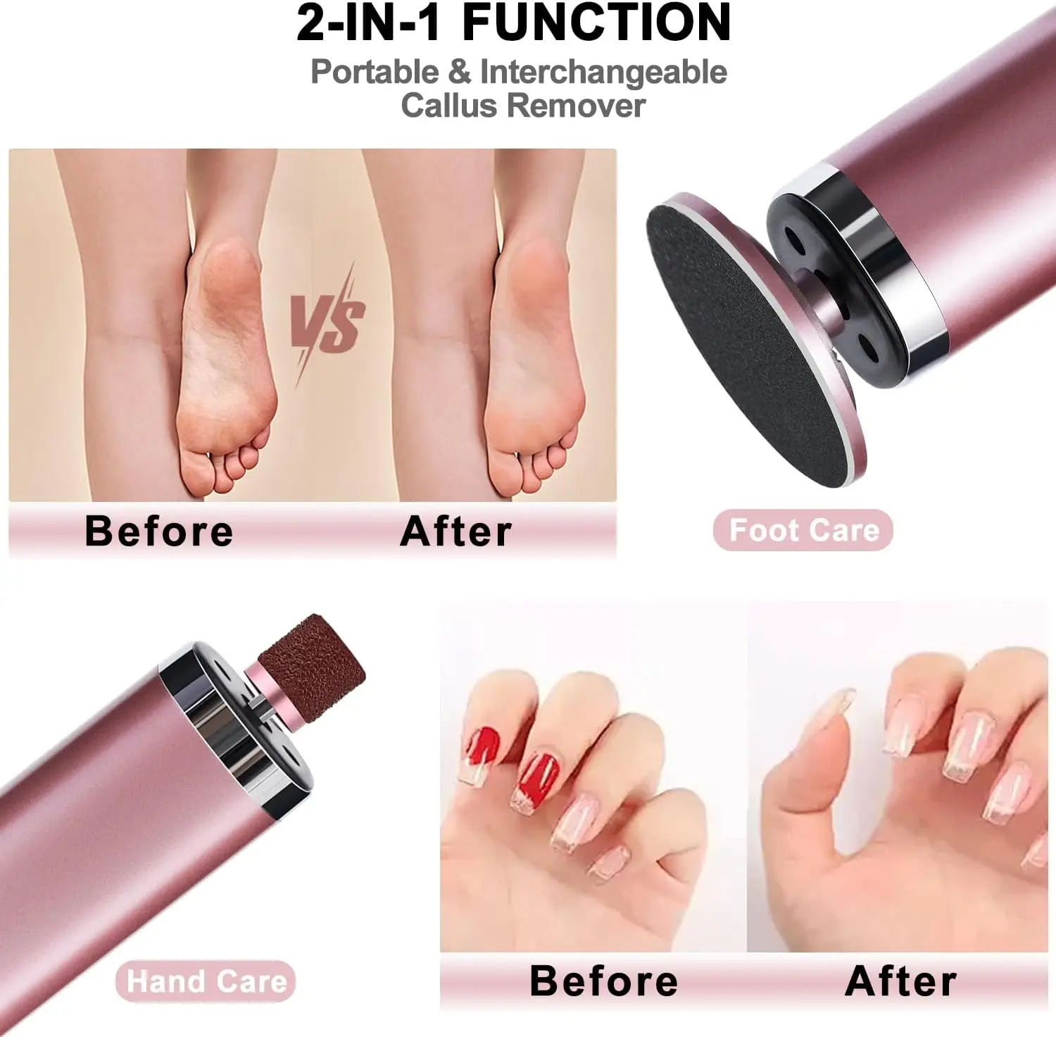 Electric Foot Callus Remover 2-in-1 - Rechargeable Wireless Powerful Nail File, Dead Skin Removal Pedicure Tool