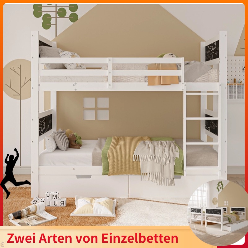 90 x 200 cm Etagenbett für Kinder, Kinderbett mit Leiter und Absturzsicherung, Teenagerbett, Stauraum