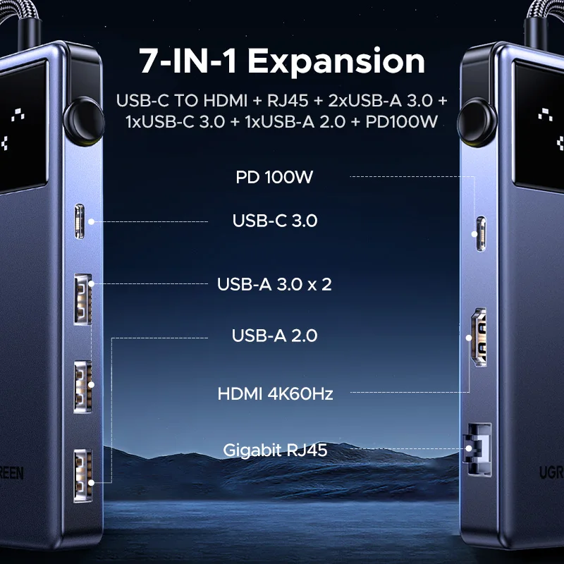 UGREEN Uno 7-в-1 USB-концентратор Type-C до 4K60 Гц HDMI USB3.0 5 Гбит/с RJ45 1000 Мбит/с для MacBook Аксессуары для ноутбуков Док-станция