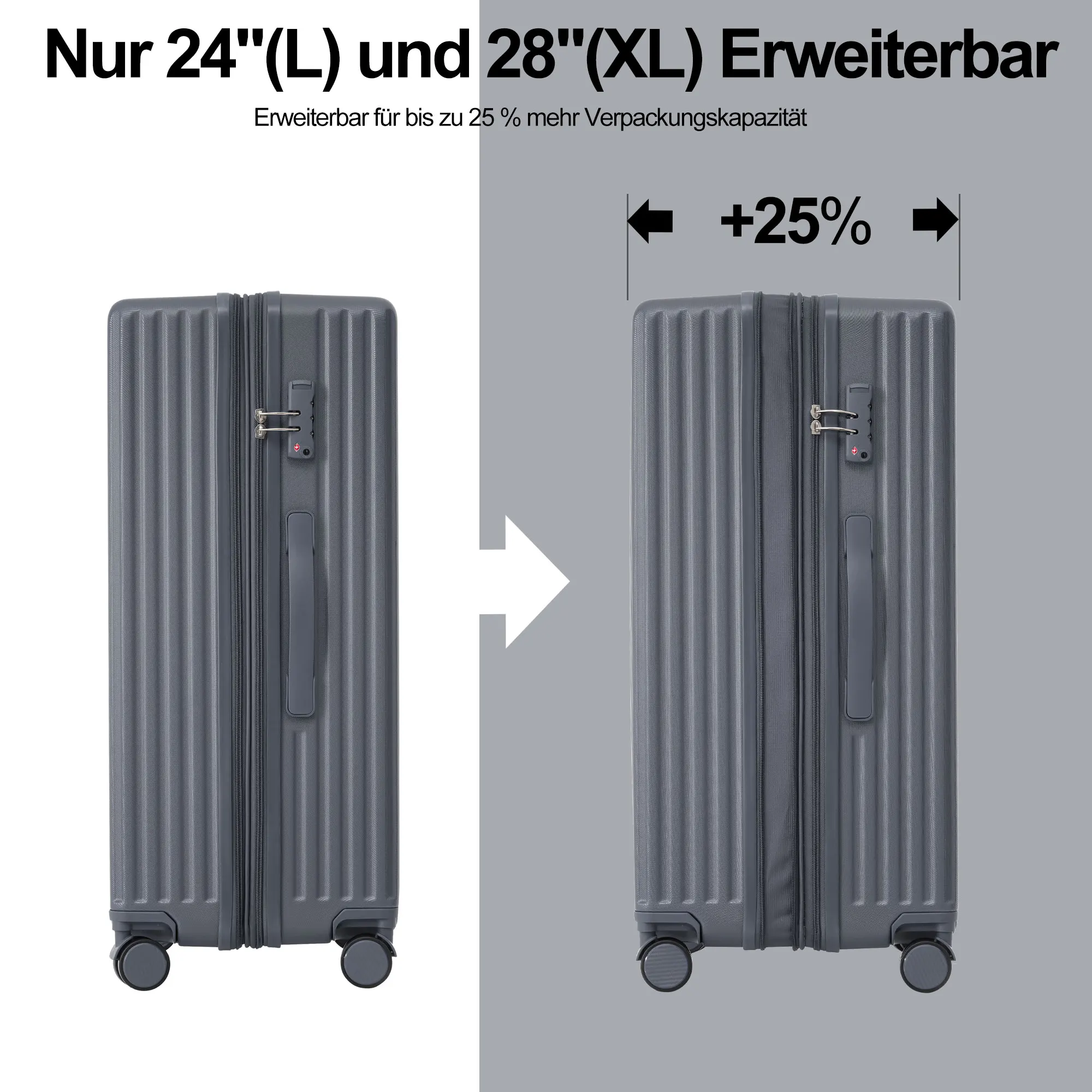 Hartschalen-Koffer, Rollkoffer, Reisekoffer, Handgepäck 4 Rollen, ABS-Material, TSA Zollschloss, 65*43*28, grau