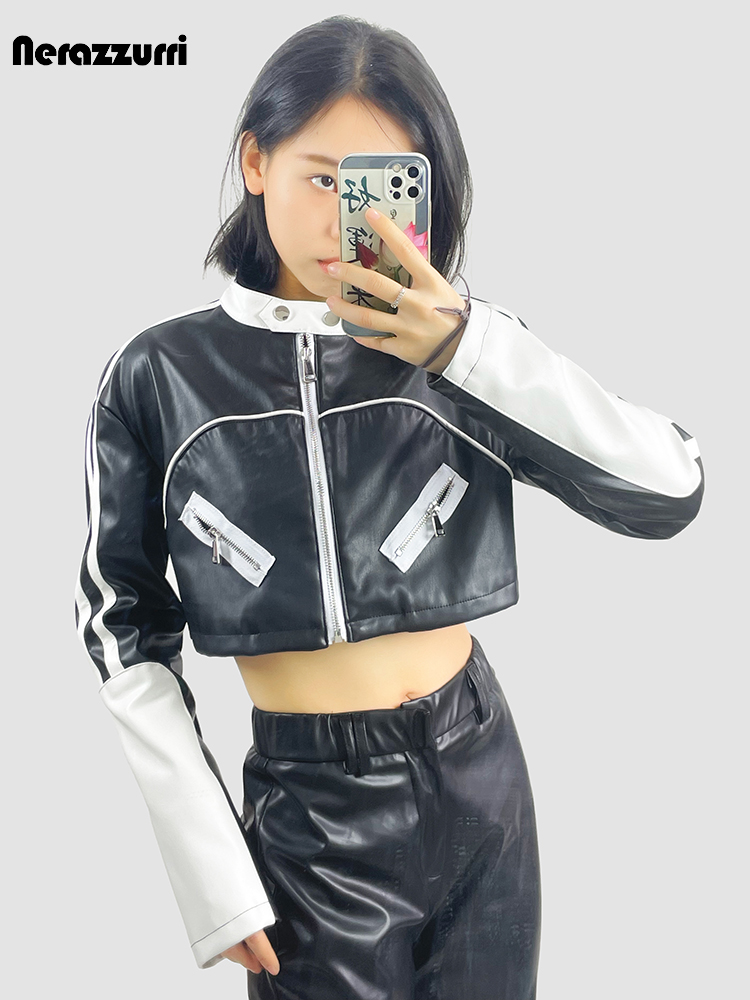 Nerazzurri Frühling kurze weiße und schwarze Farbe Block Pu Leder Racer Jacke Frauen stehen Kragen Langarm Luxus kurz geschnittenes Top