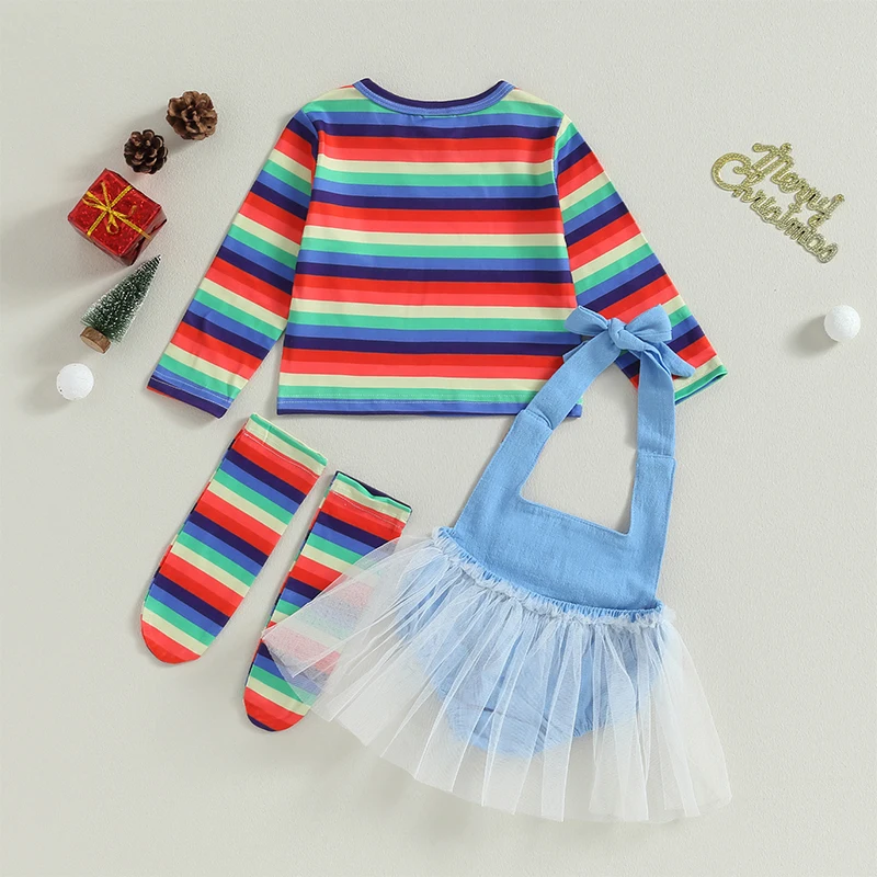 2023-06-18 Lioraitiin 0-5Years Toddler Girl 3Pcs Halloween Set Rainbow Stripe Print Tops Letter Pattern Romper Long Socks