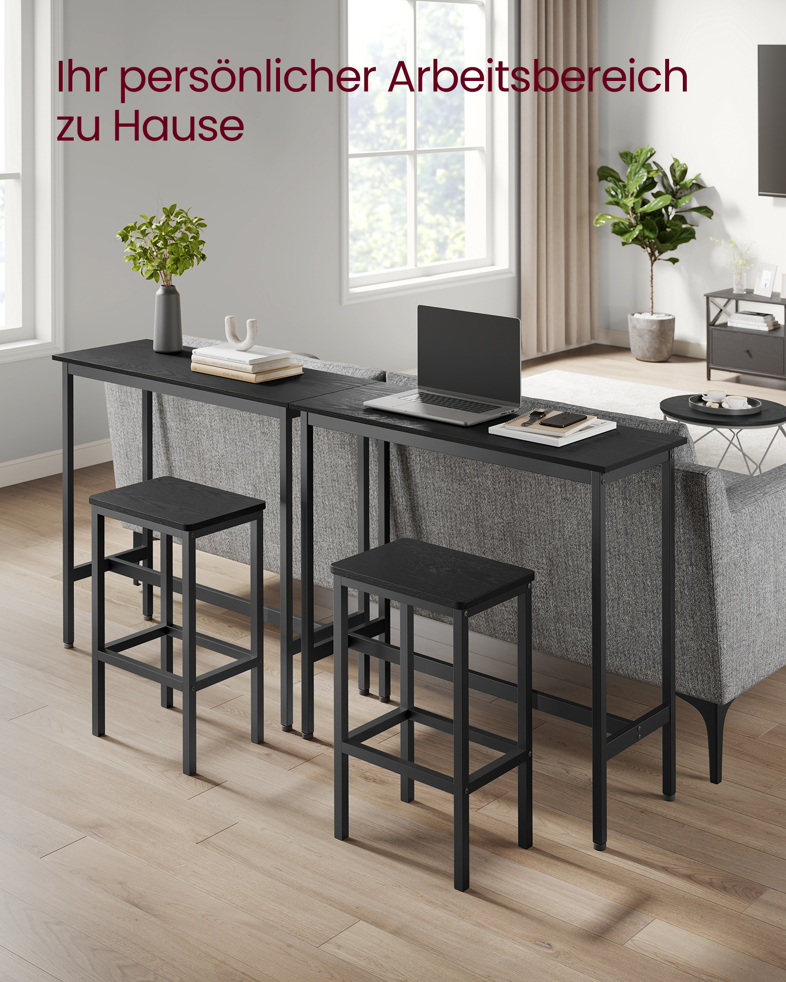 VASAGLE Bartisch mit Barhocker Set, Essgruppe, Stehtisch mit 2 Stühlen, Stahlgestell, Industrie-Design