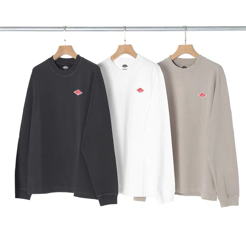 Otoño exportado a Japón estilo clásico moda sólida Simple suelta Camiseta de algodón de manga larga Top hombre pequeño icono bordado camisetas