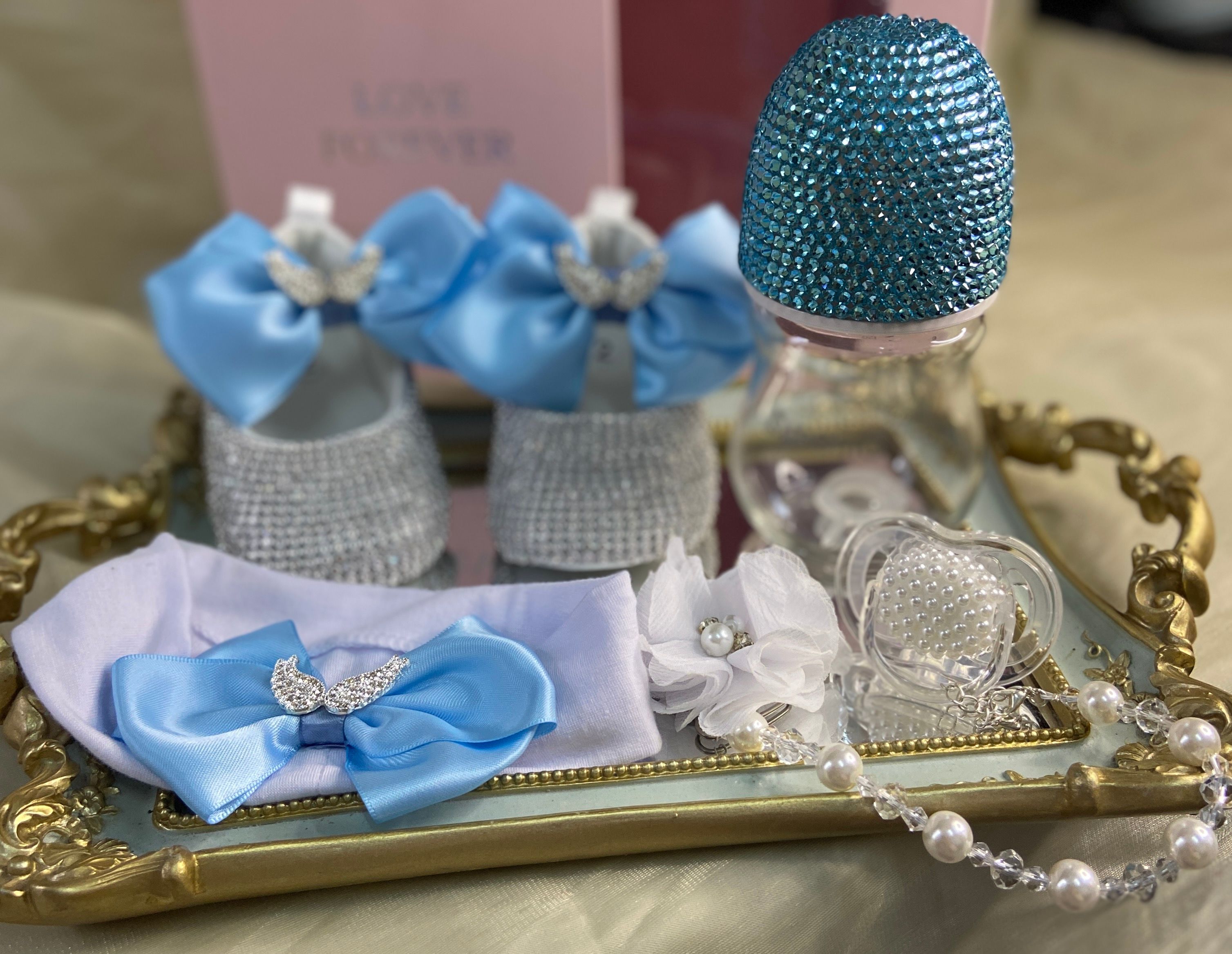 Dollbling Luxus Baby Flaschen und Schuhe Stirnband Set Andenken Diamant Tutu Outfit Rote Unterseite Kleines Mädchen Taufe Schuhe