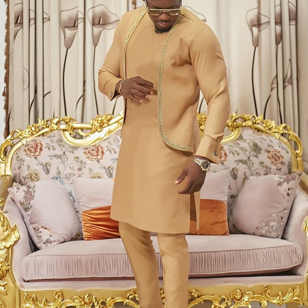Kaftan nuevo en conjunto tradicional africano para hombre, trajes de dos piezas de manga larga con cuello redondo, elegante y a la moda, 2024