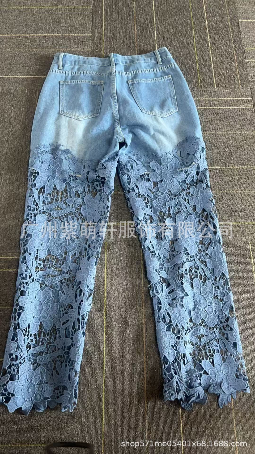 Женские весенне-летние модные джинсовые драпированные брюки с вырезами и кружевом, брюки полной длины