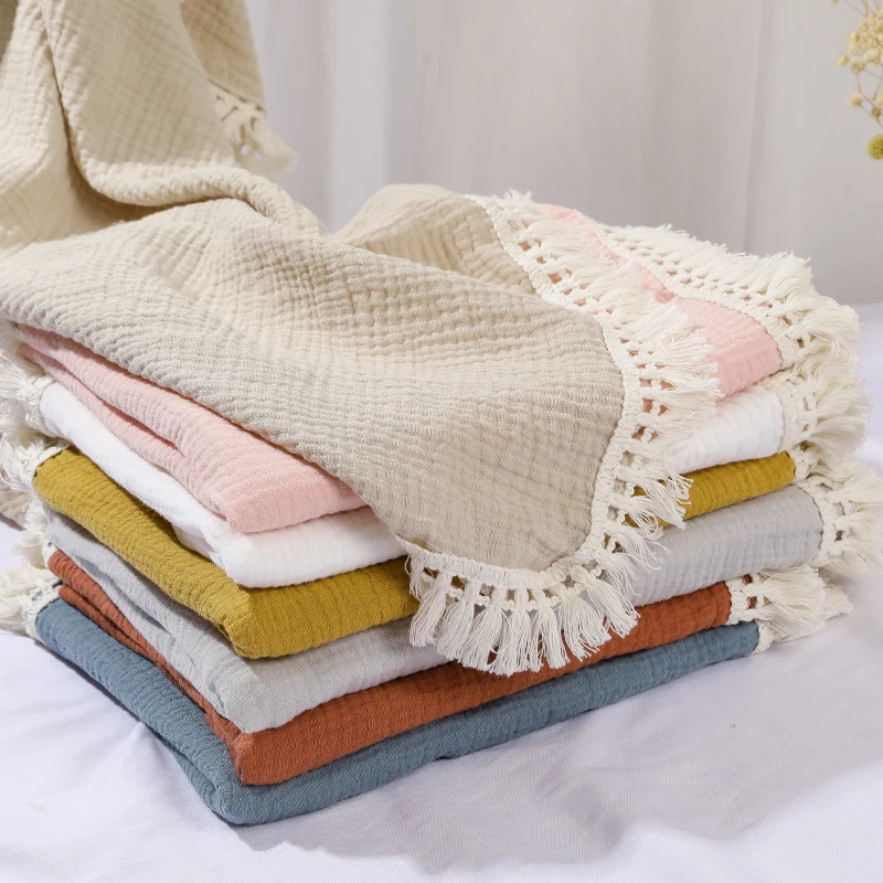Coperte in mussola di cotone per neonati Coperte per riceventi con nappe per neonati Copri letto trapuntato per neonati
