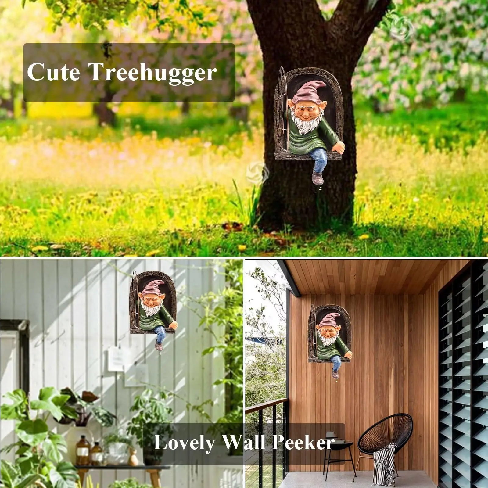 Elf Out The Door/Window Tree Hugger Naughty Garden Gnome Statue Tree Decor