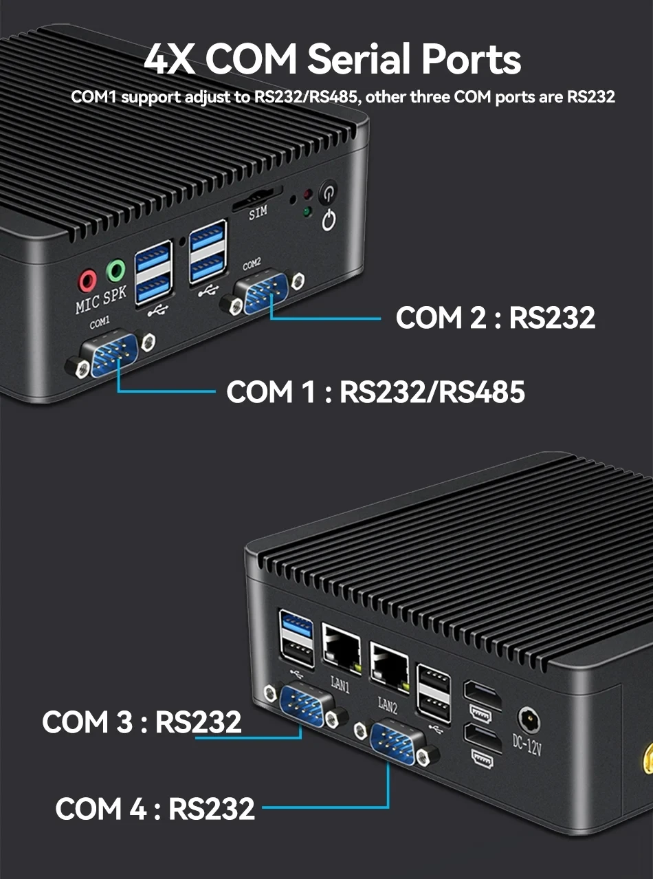 XCY X30G Fanless IPC Mini PC 4x Serial Ports 2x LAN 2x HDMI 8x USB DDR4 M.2 SSD Mini PCIe SIM Slot GPIO LVDS TPM2.0 Win11 Linux