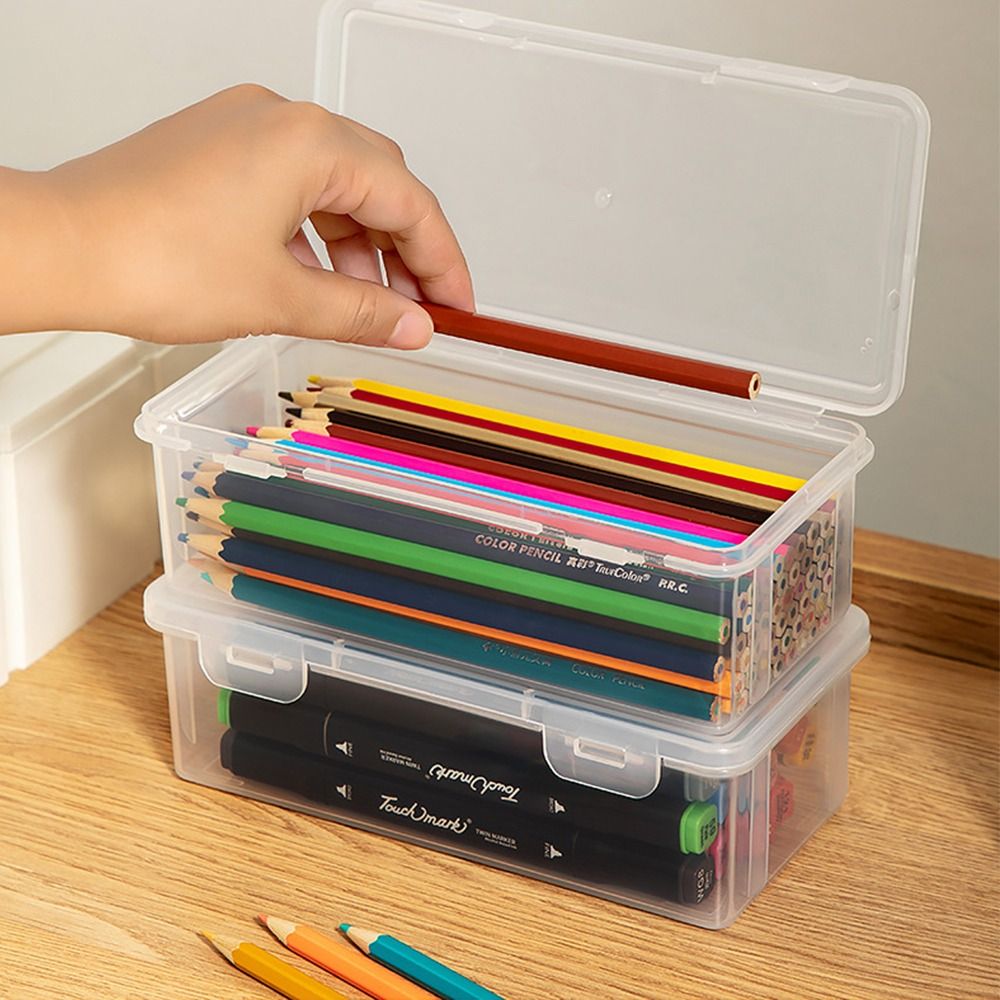 Large Capacity Storage Box Transparent Plastic Stationery Case Portable Pencil Case Office Stationary Supplies Desktop Organizer