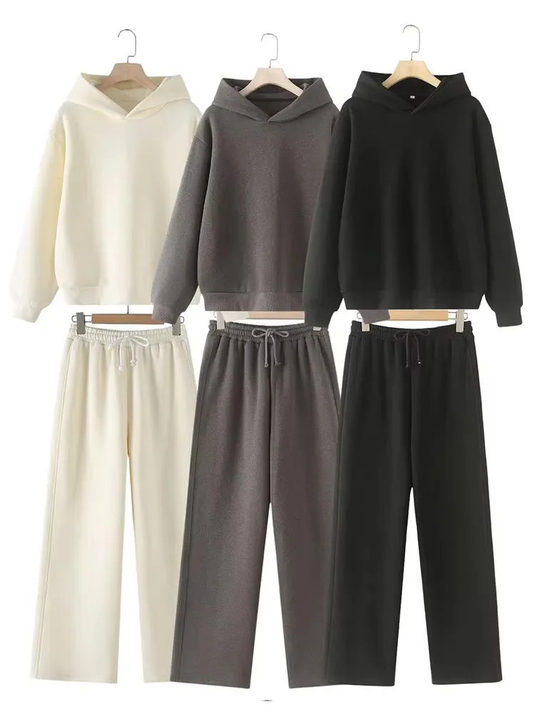 HH Frauen Feste Beiläufige Sweatshirt Hose Anzug Langarm Mit Kapuze Fleece Pullover Mantel Lose Gerade Hosen Büro Dame Sets