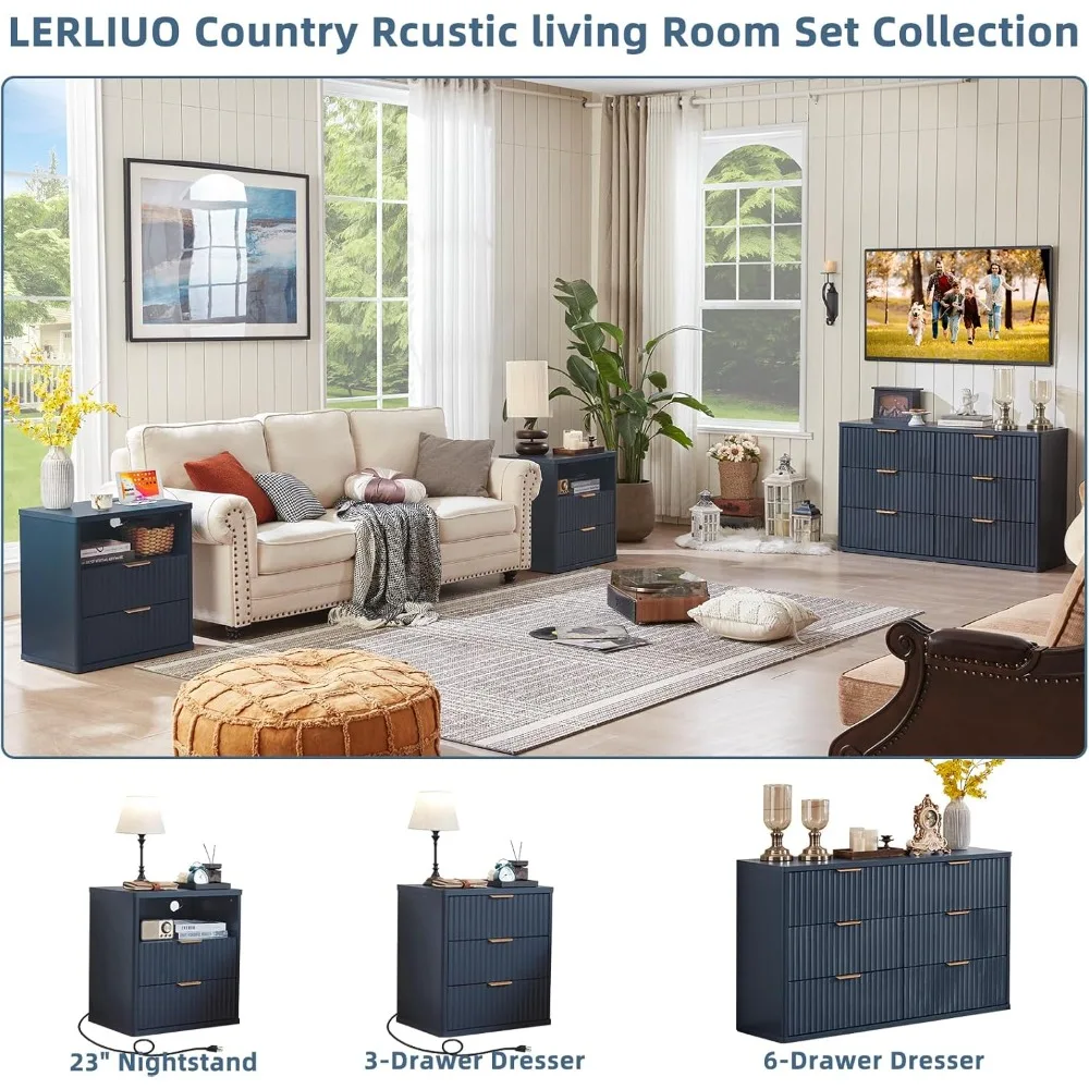Fluted Nightstand with Charging Station, 23" Wide 2 Drawers End Table, Blue Night Stand with Open Storage Cabinet,Farmhouse Bed