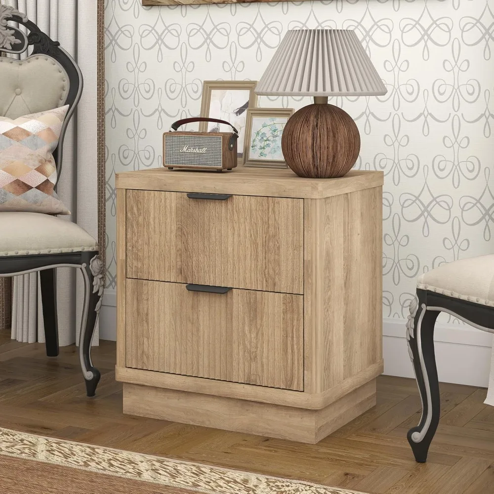 Fluted Nightstand with 2 Drawers Farmhouse Wood Oak Nightstands for Bedroom, Bedside Tables for Small Space,Sofa Side Table