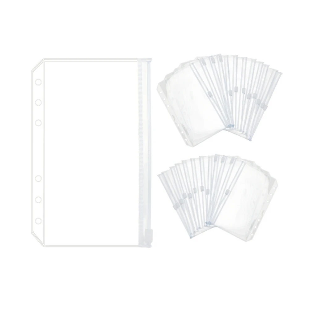 Bolsillos transparentes de PVC con cremallera para diario, bolsa de almacenamiento de hojas sueltas con 24 piezas