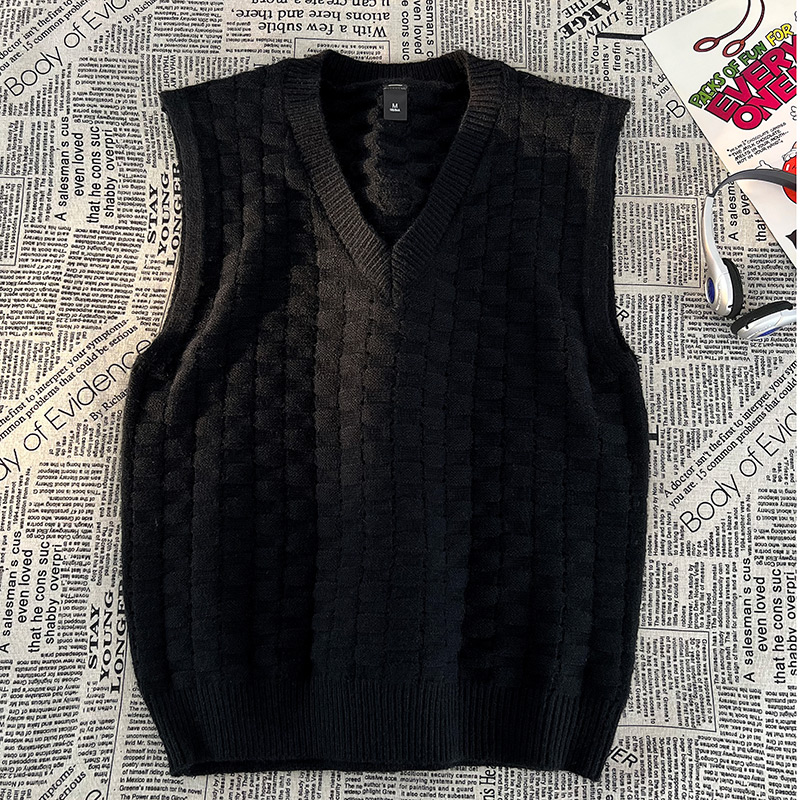 Eenvoudig jacquard Horizontaal geruit patroon vest katoen zacht garen heren gebreide trui vest trendy schouderontwerp met V-hals zweet
