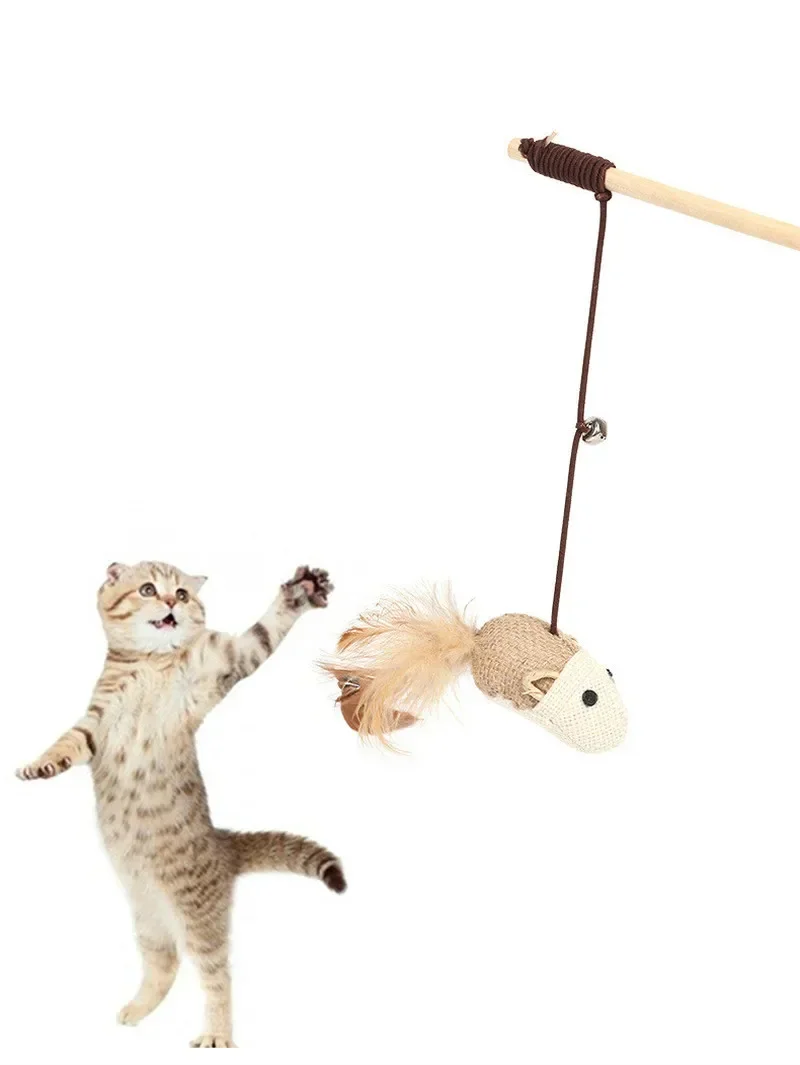 Jouets Teaser pour chat de 40cm, baguette en lin et plumes, attrape-chat, jouets interactifs, tige en bois, jouet souris avec Mini cloche