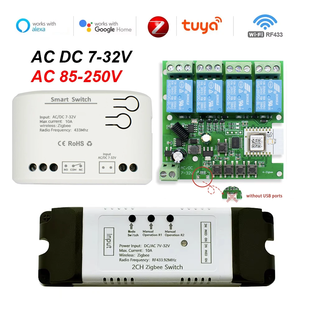 Tuya Zigbee 1 2 4-групповой релейный модуль постоянного тока 12 В 24 В 110 В 220 В 230 В сухой контакт 4-канальный контроллер на DIN-рейку Требуется шлюз Alexa