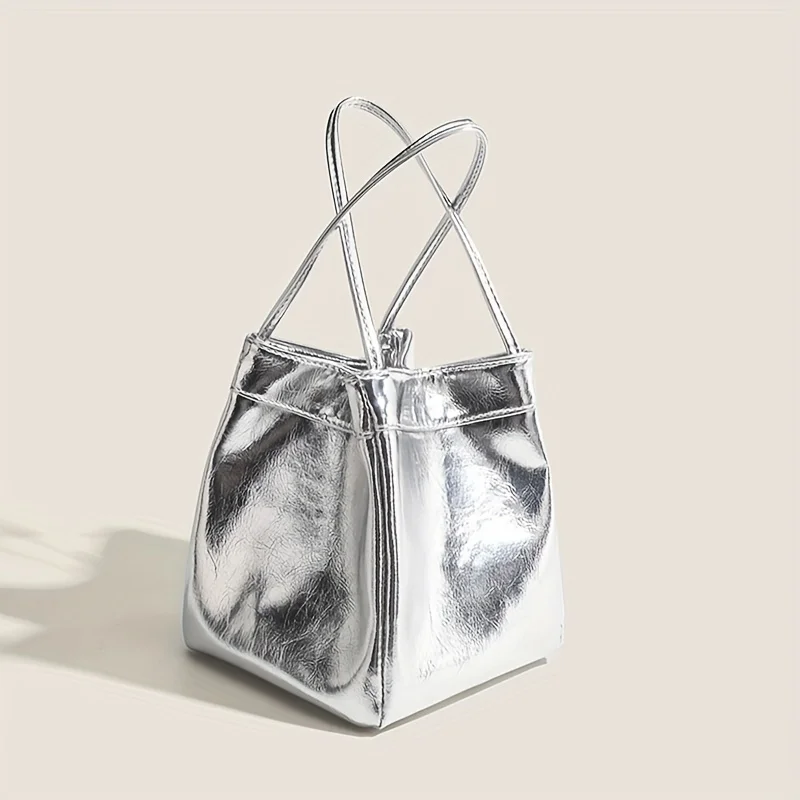 Mini bolsa balde com cordão prateado brilhante, bolsa brilhante de PU, bolsa e carteira da moda feminina