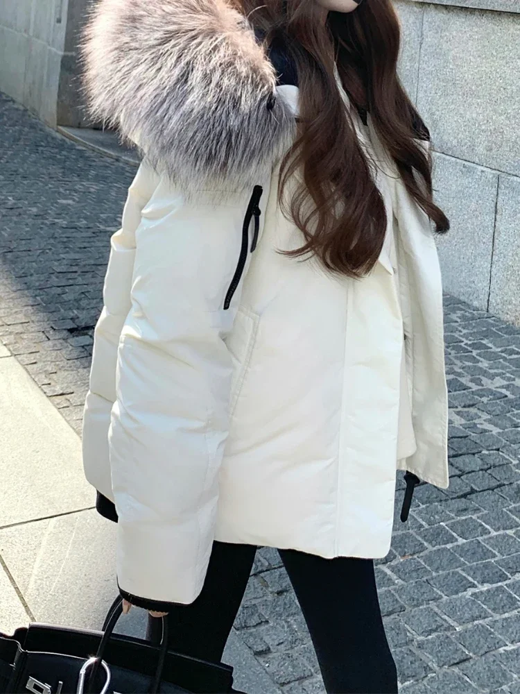 ฤดูหนาวสีขาวElegant WARM Coatสําหรับผู้หญิงซิปเสื้อลําลองหญิงเกาหลีสไตล์VINTAGE Parkas 2023 ใหม่