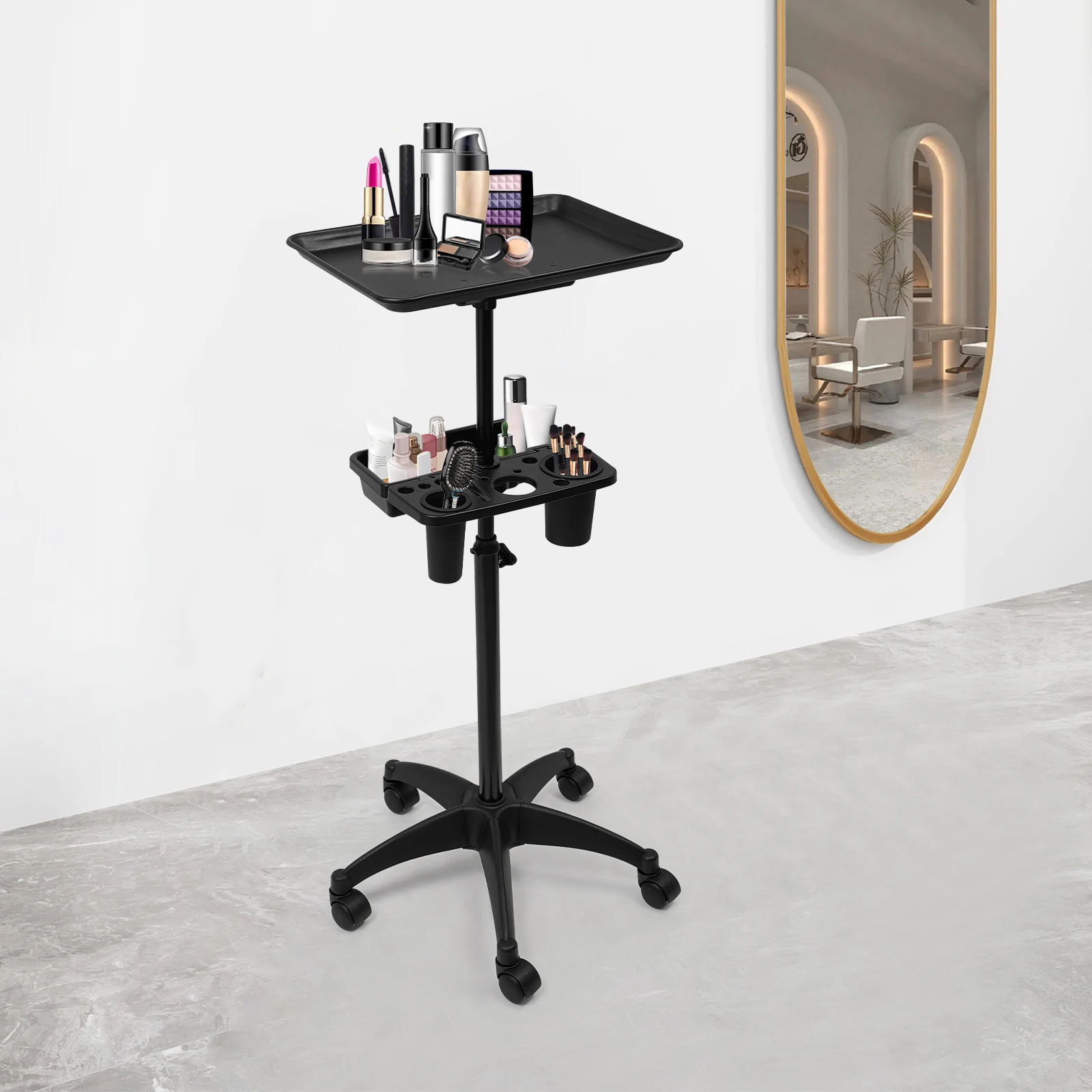 Carrello per vassoio da salone regolabile in altezza, resistente alla ruggine, grande tavolo da lavoro con rotelle a doppio pavimento, portaoggetti ordinato per saloni di bellezza
