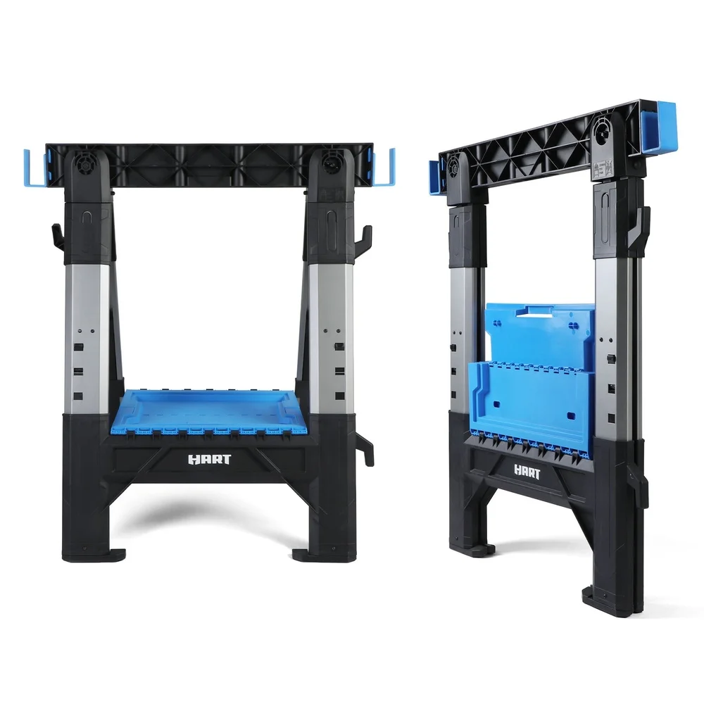 Heavy-Duty Folding Sawhorse Adjustable Height Portable Work Support Non-Slip Rubber Feet Built-In Tool Tray Contractors