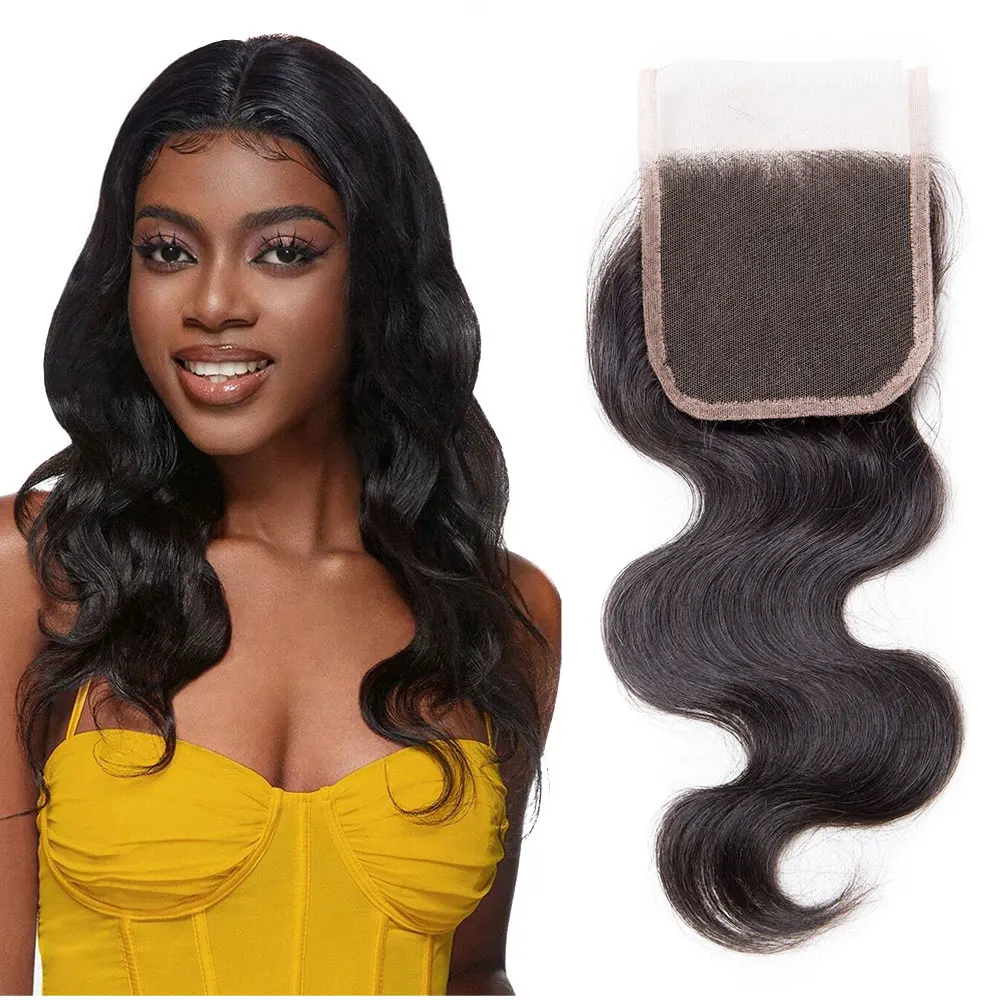Onda do corpo fechamento de cabelo humano 4x4 onda do corpo fechamento do laço 100% cabelo humano transparente preplucked cabelo ondulado fechamento do laço para mulher