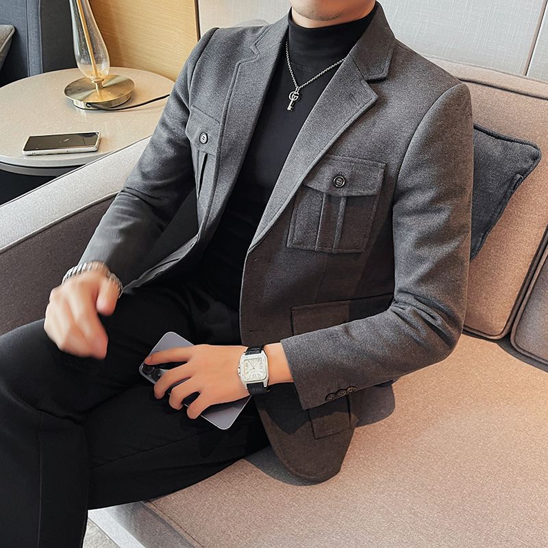 Tweed terno masculino jaquetas único breasted blazer cinza moda 2024 designer de luxo casaco masculino estilo coreano roupas casuais