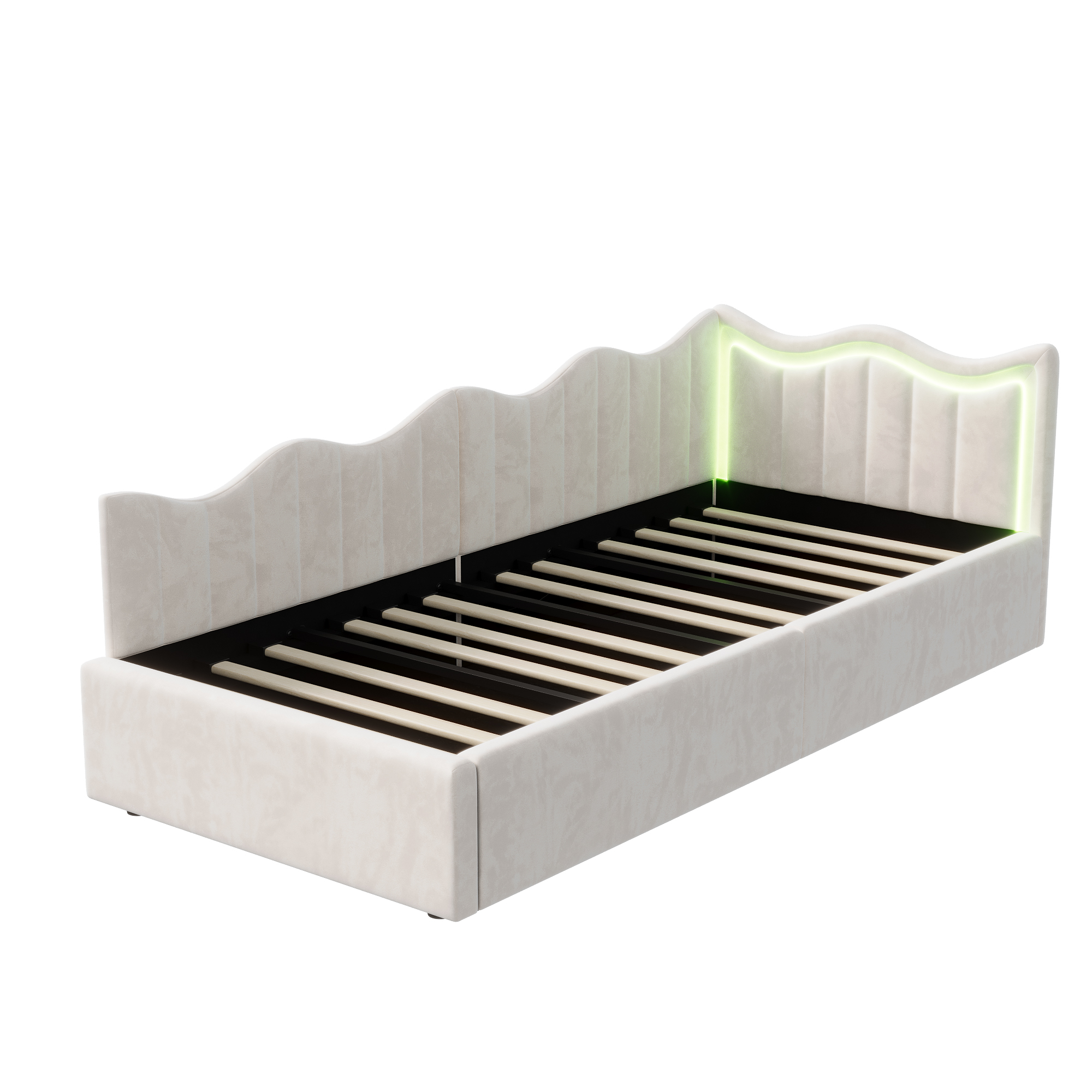 Comanlai Sofa z funkcją spania 90x200cm i łóżko dziecięce z oświetleniem LED, hydrauliczna rama łóżka z pojemnikiem, tkanina welurowa, kolor złamany biały
