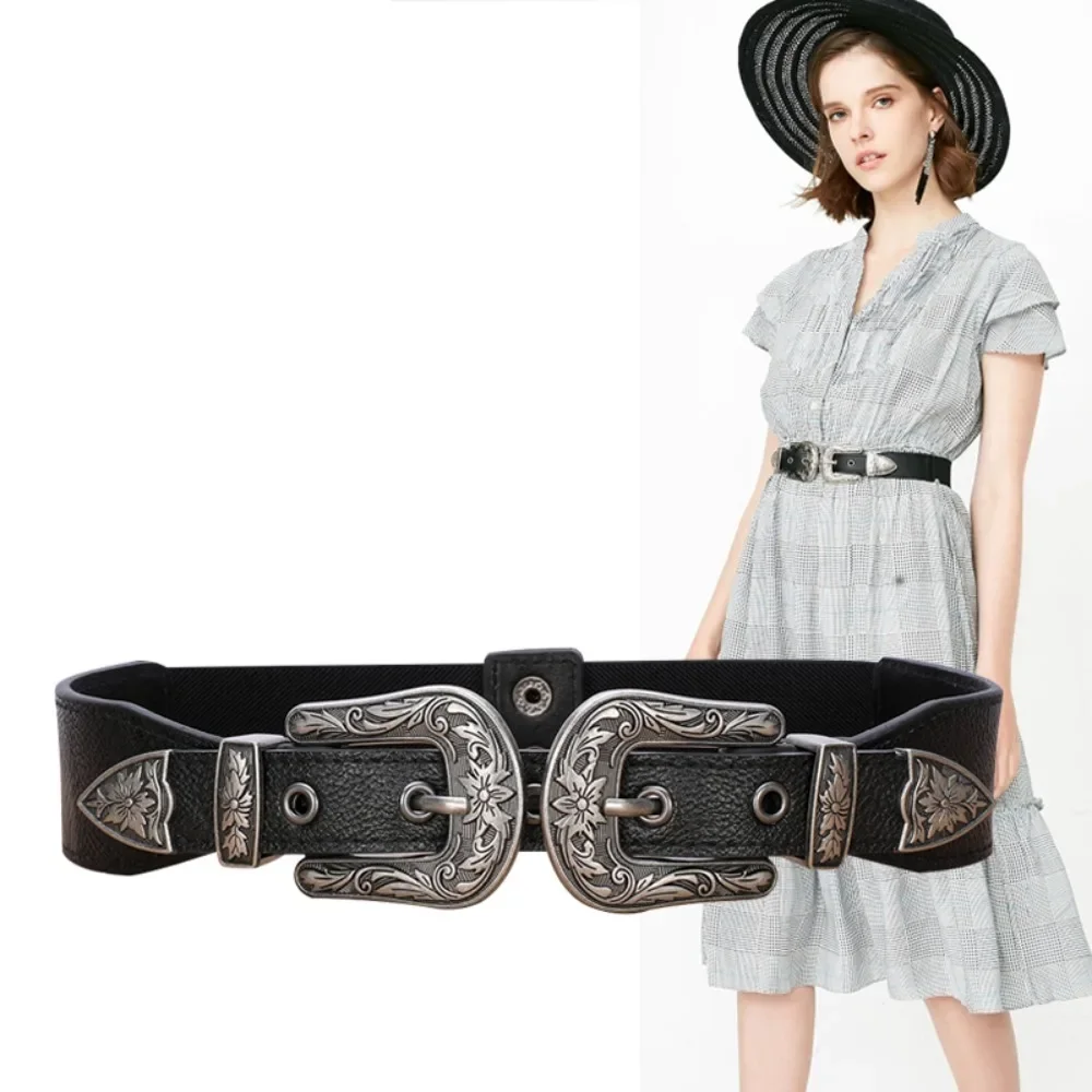 Cooler Gürtel für Damen, geschnitzte Blumenschnalle, Retro-Mode, elastischer Bund