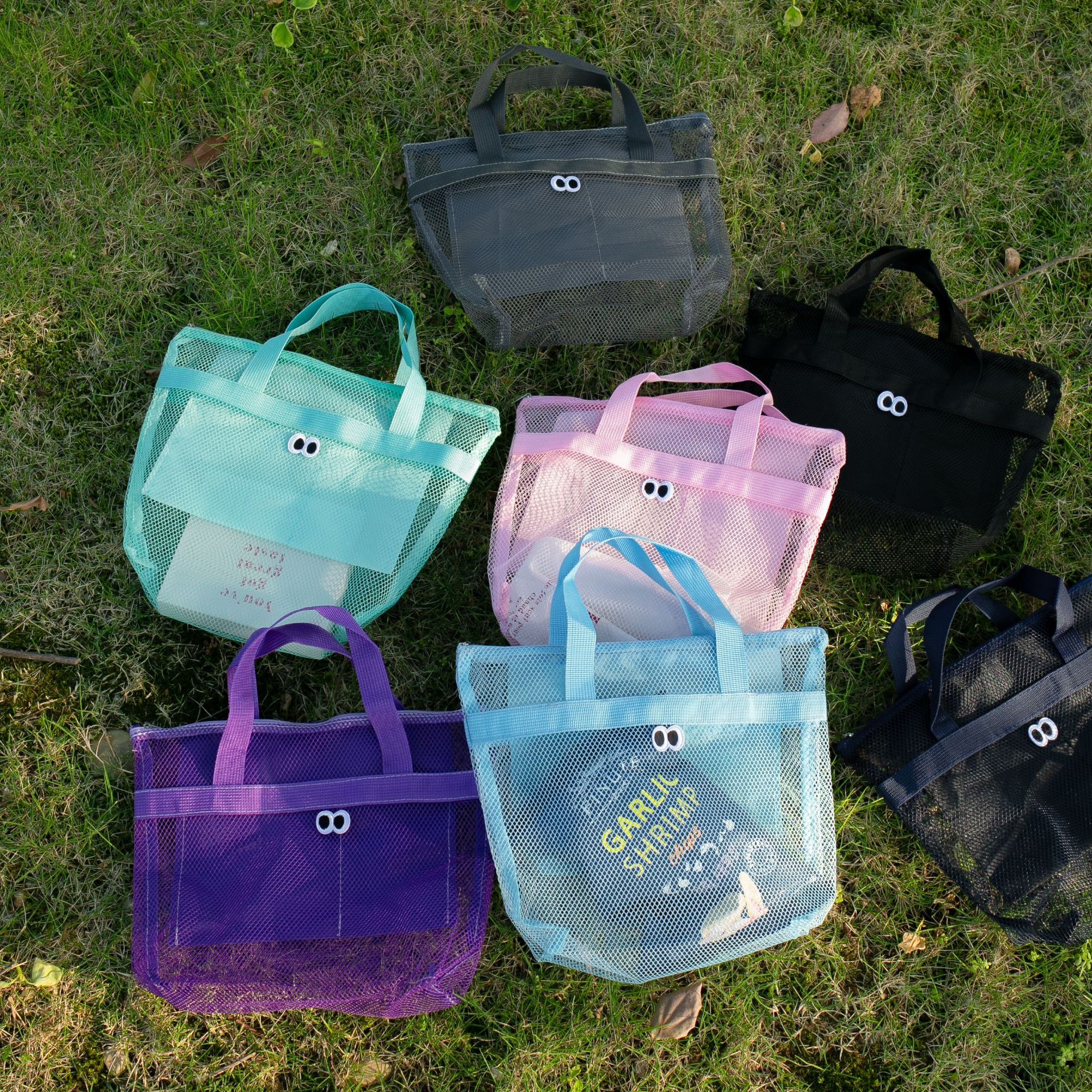Bolsa de ducha de almacenamiento de viaje de malla para mujer, bolsa de playa de verano, bolso de cosméticos, bolsas de malla, organizador de artículos de tocador, bolsas de almacenamiento portátiles