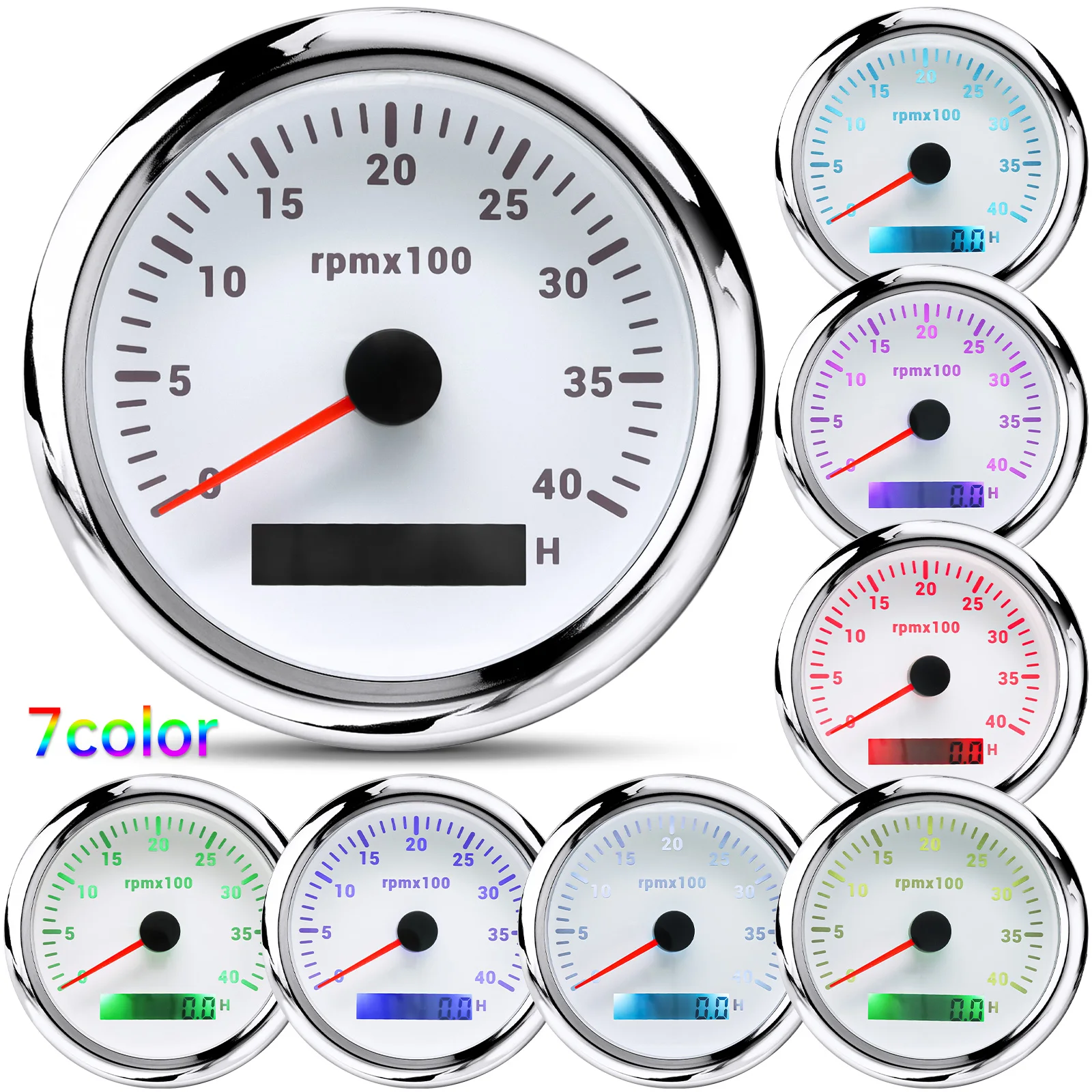 Sau Công Nguyên 85MM Đo Tốc Độ Có Màn Hình LCD Giờ Đồng Hồ Cho Mềm Thuyền Xe Vòng/Phút Đồng Hồ Đo 0-3000 4000 8000 Vòng/phút đồng Hồ Đo Trạch Cảm Biến 7 Màu Đèn Nền