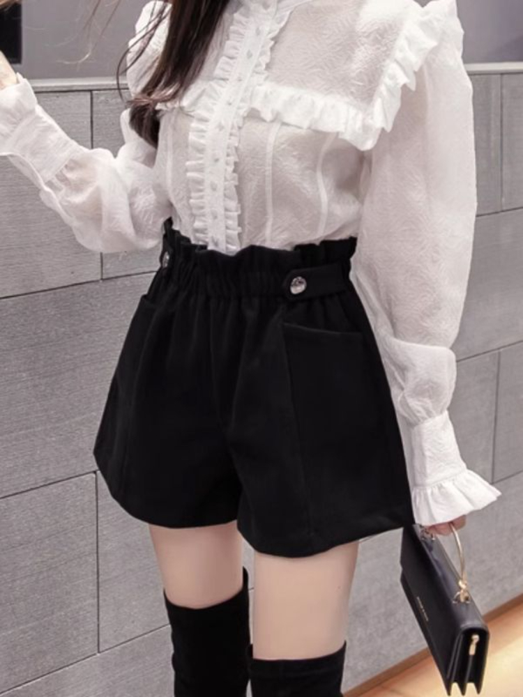 검은 모직 반바지 여성 세련된 접이식 높은 허리 디자인 느슨한 가을 겨울 대학 빈티지 streetwear 사랑스러운 여성 품위있는 기본