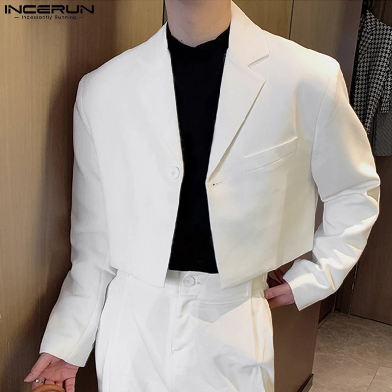 Männer Blazer Einfarbig Revers Lange Hülse Eine Taste Herbst Casual Anzüge Streetwear 2023 Mode Männlichen Crop Mäntel S-5XL INCERUN
