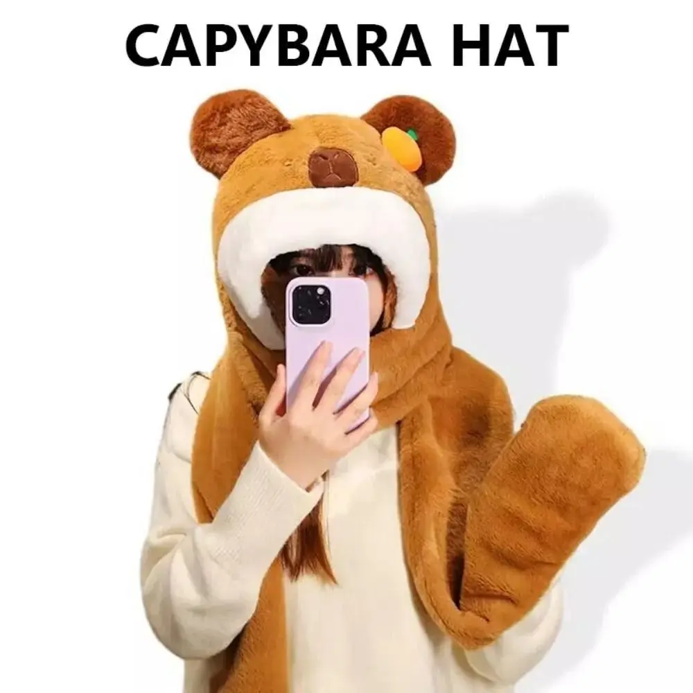น่ารัก 3in 1 หมวกผ้าพันคอถุงมือชุดตุ๊กตาฤดูหนาว WARM Capybara หมวกหมวกหนาป้องกันหูการ์ตูนหมวกคอ